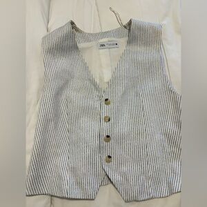 Zara White and Blue Striped Sleeveless Vest